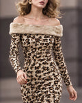 Faux Fur Leopard Print Off-the-Shoulder Bodycon Dresses