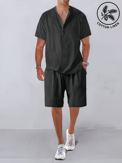 Cozy Half Button Cotton Linen Shirt Sets Sets coofandystore Black M 