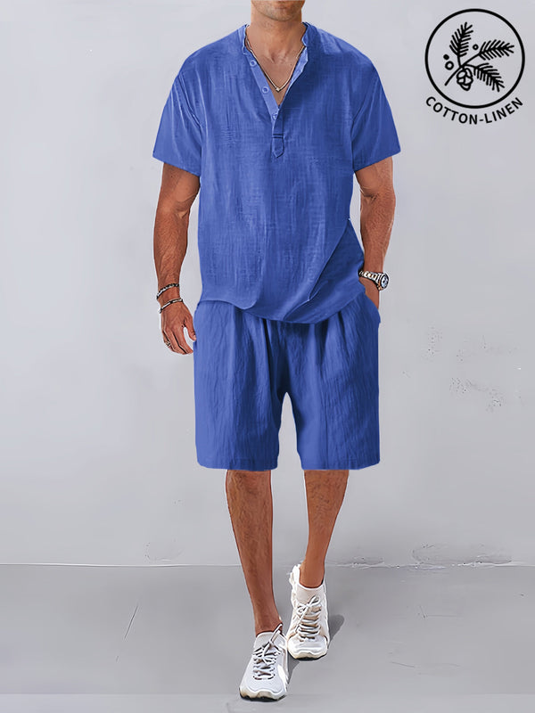 Cozy Half Button Cotton Linen Shirt Sets Sets coofandystore Blue M 