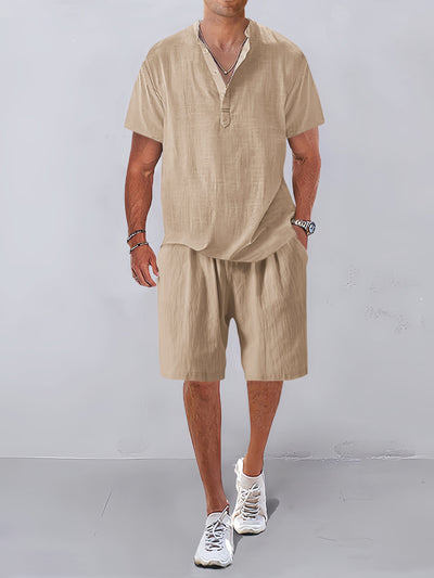 Cozy Half Button Cotton Linen Shirt Sets Sets coofandystore Khaki M 
