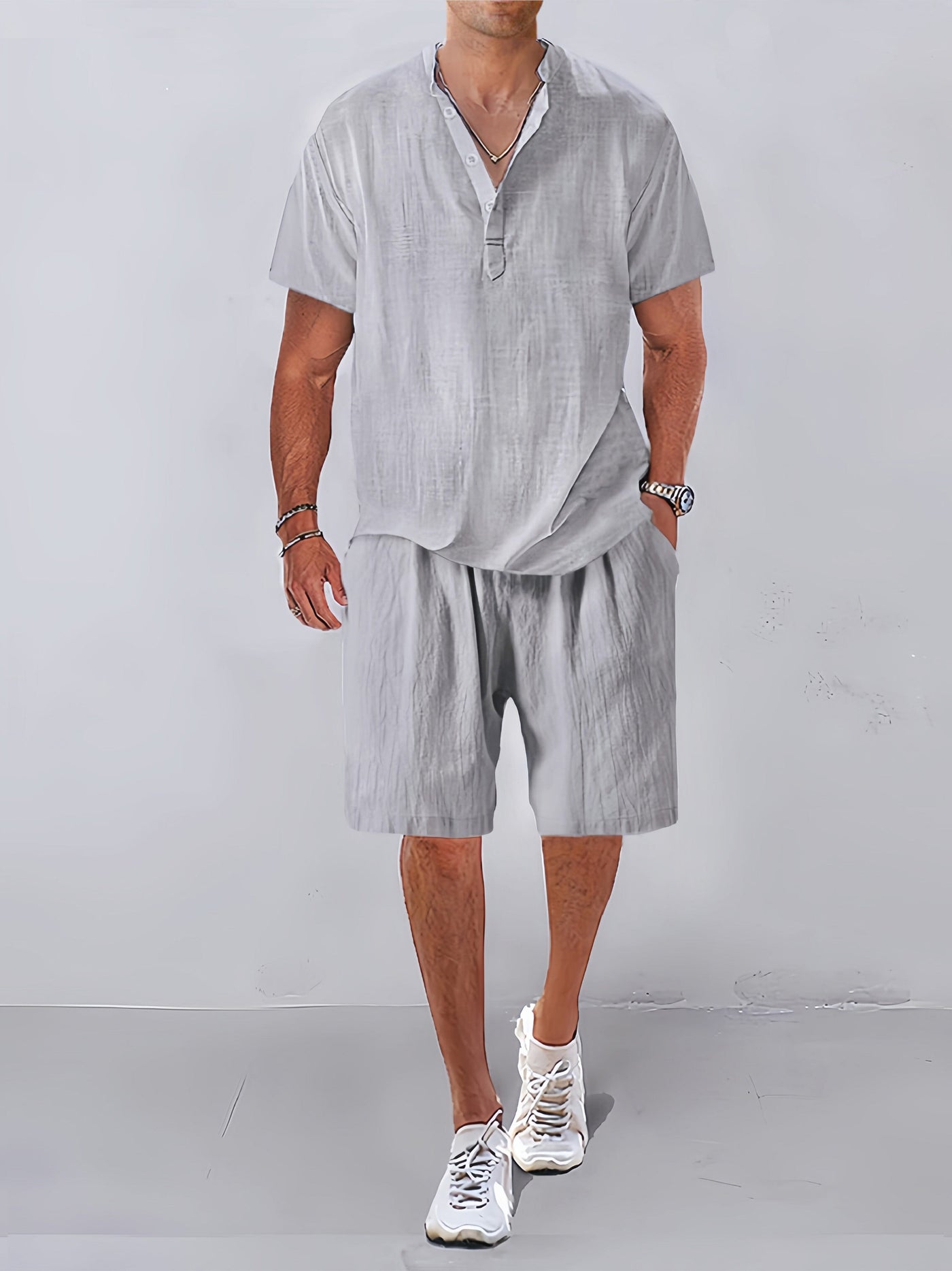 Cozy Half Button Cotton Linen Shirt Sets Sets coofandystore Light Grey M 
