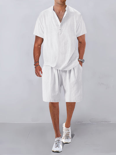 Cozy Half Button Cotton Linen Shirt Sets Sets coofandystore White M 