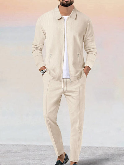 Casual Soft Waffle Jacket Set Sets coofandy Beige M 