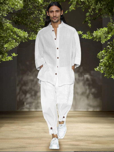 Simple 3/4 Sleeve Cotton Linen Shirt Set Sets coofandy White M 