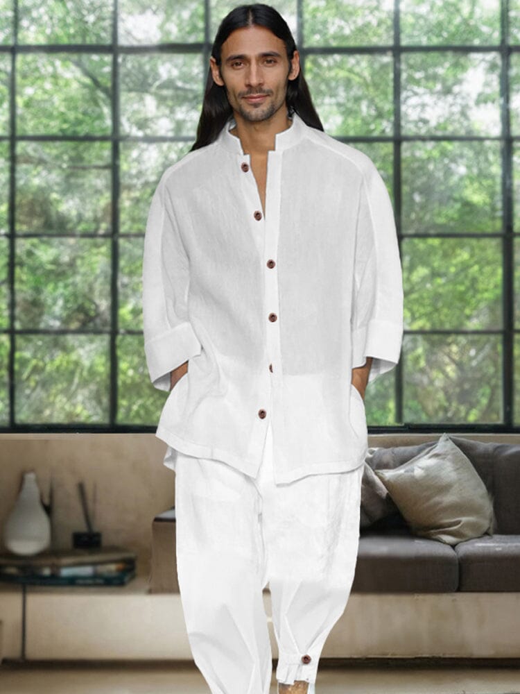 Simple 3/4 Sleeve Cotton Linen Shirt Set Sets coofandy 