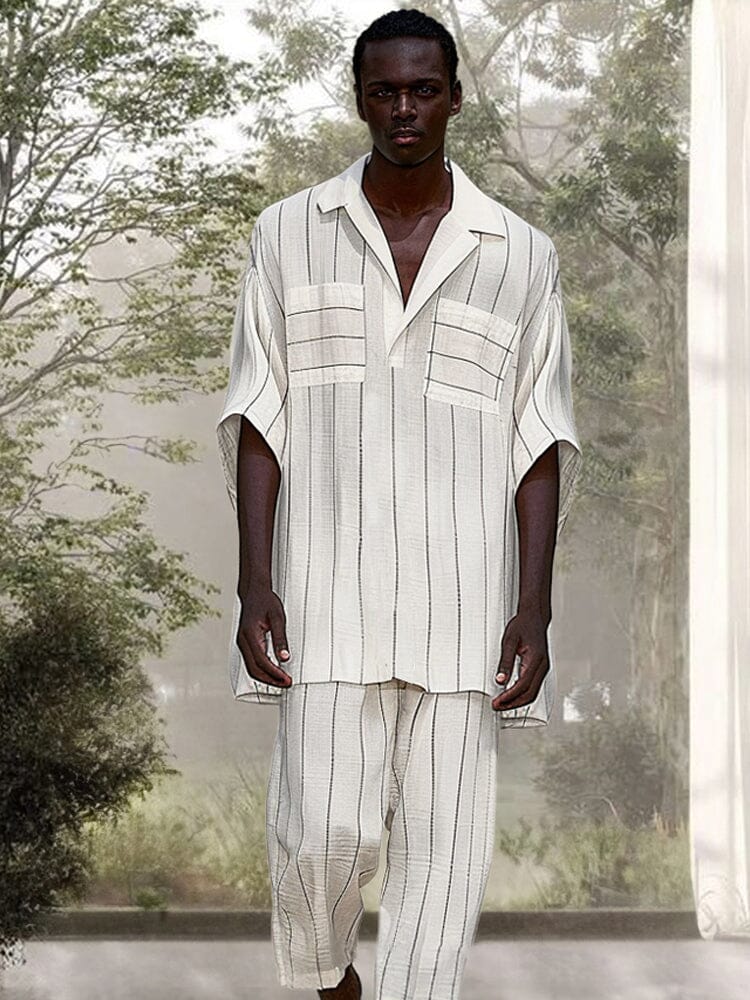 Casual Striped Cotton Linen Set Sets coofandy 
