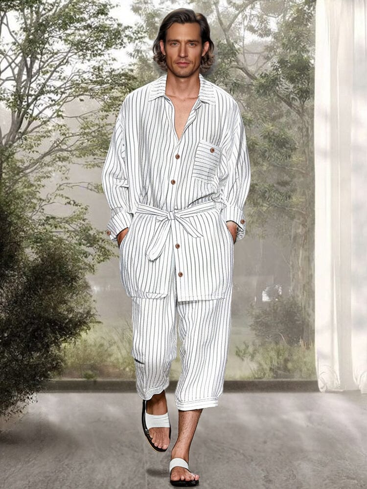 Leisure Belted Stripe Cotton Linen Set Sets coofandy White M 