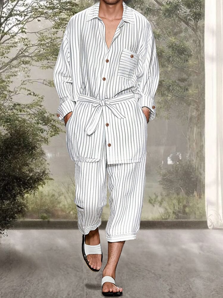 Leisure Belted Stripe Cotton Linen Set Sets coofandy 