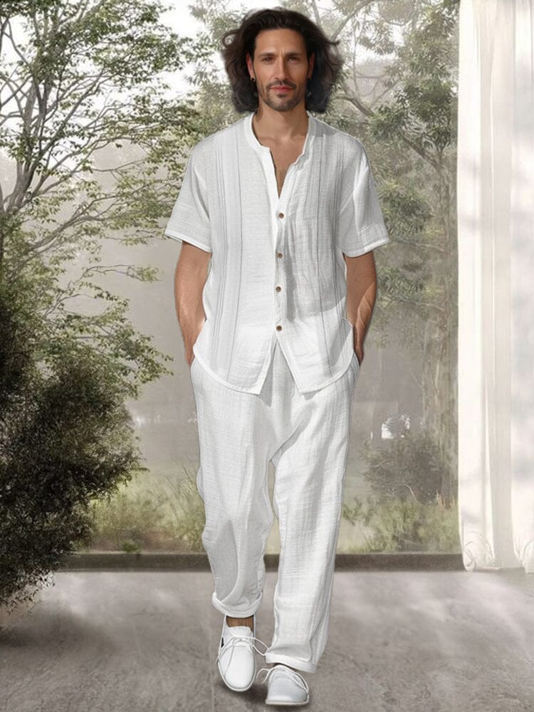 Simple 100% Cotton Shirt Pants Set Sets coofandy White M 