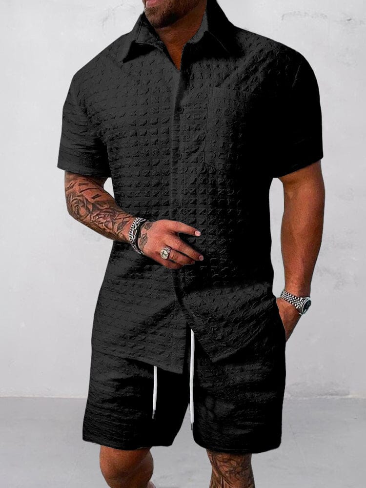 Leisure Textured 2-Piece Shirt Outfits Sets coofandy Black M 