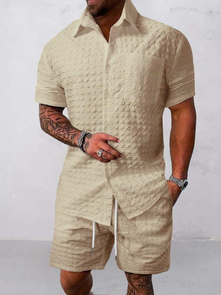 Leisure Textured 2-Piece Shirt Outfits Sets coofandy Khaki M 