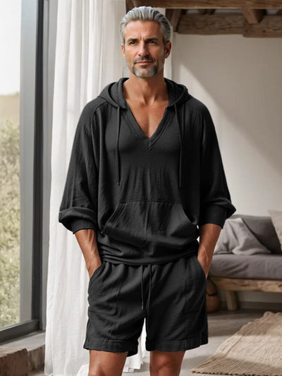 Athleisure Hooded Shirt Shorts Set Sets coofandy Black M 