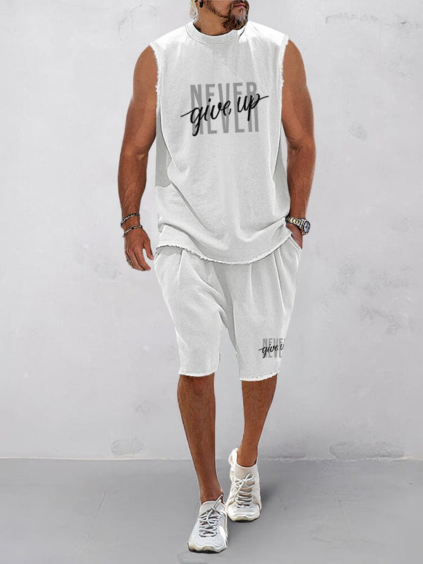 100% Cotton Word Printed Tank Top Set Sports Set coofandy White M 