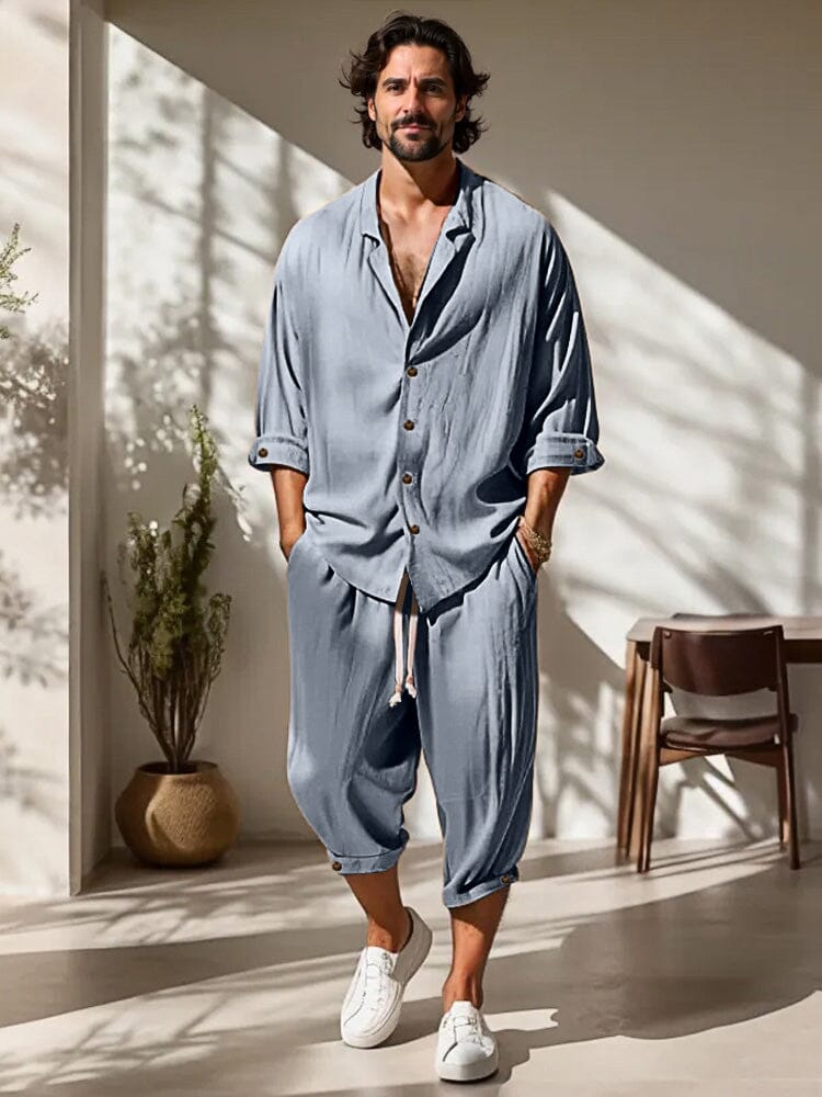 Leisure Relaxed Fit 100% Cotton Shirt Set Sets coofandy Blue M 