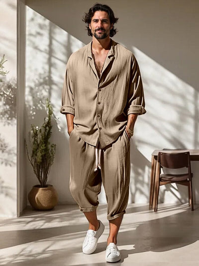 Leisure Relaxed Fit 100% Cotton Shirt Set Sets coofandy Khaki M 