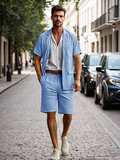 Lightweight 100% Cotton Blazer Shorts Set Sets coofandy Blue M 