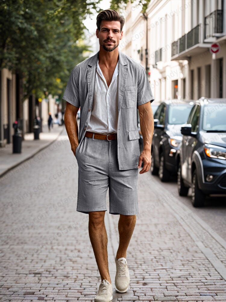 Lightweight 100% Cotton Blazer Shorts Set Sets coofandy Grey M 