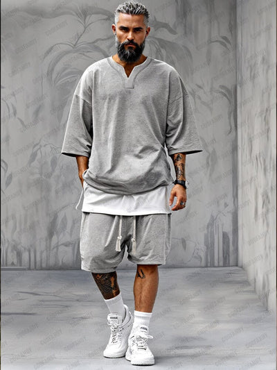 Fake Two-Piece T-shirt Shorts Set Sets coofandy Light Grey M 