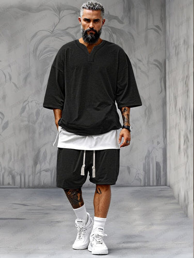 Fake Two-Piece T-shirt Shorts Set Sets coofandy Black M 
