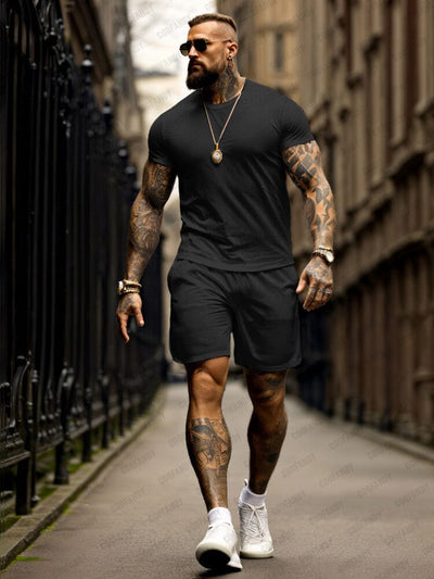 Athleisure Textured T-shirt Shorts Set Sets coofandy Black M 