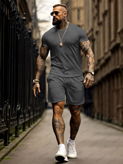 Athleisure Textured T-shirt Shorts Set Sets coofandy Grey M 