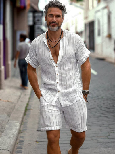 Minimalist 100% Cotton Striped Shirt Set Sets coofandy White M 