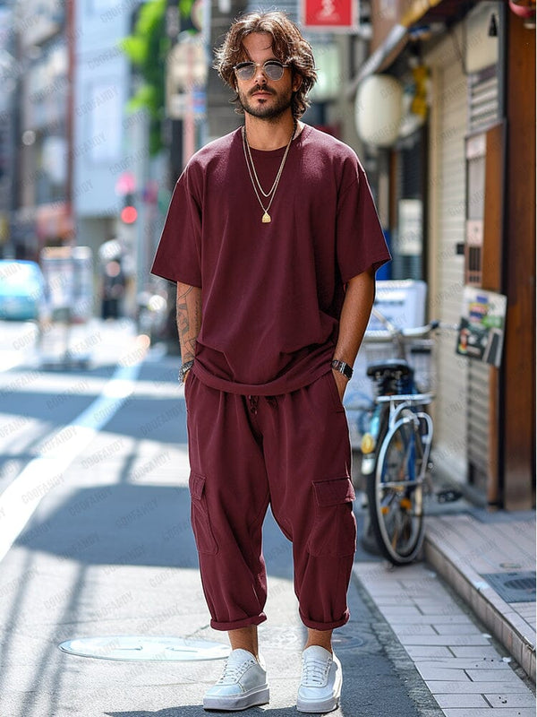 Soft Stretch T-shirt Cargo Pants Set Sets coofandy Wine Red M 