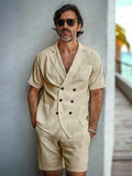 Casual Linen Blend Blazer Shorts Set Sets coofandy Khaki M 