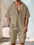 Utility Pockets Cargo Shirt Shorts Set Sets coofandy Khaki M 