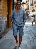 Soft Cotton Henley Shirt Shorts Set Sets coofandy Blue M 
