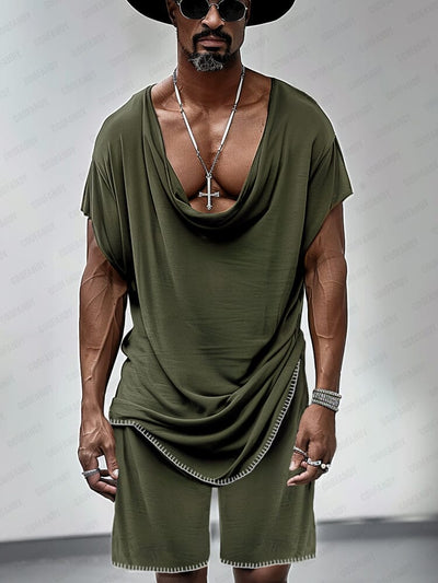 Stylish Drape Neck T-shirt Set Sets coofandy Army Green M 