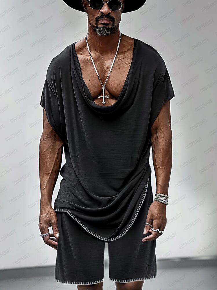 Stylish Drape Neck T-shirt Set Sets coofandy Black M 