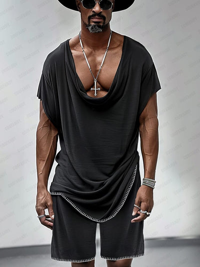 Stylish Drape Neck T-shirt Set Sets coofandy Black M 