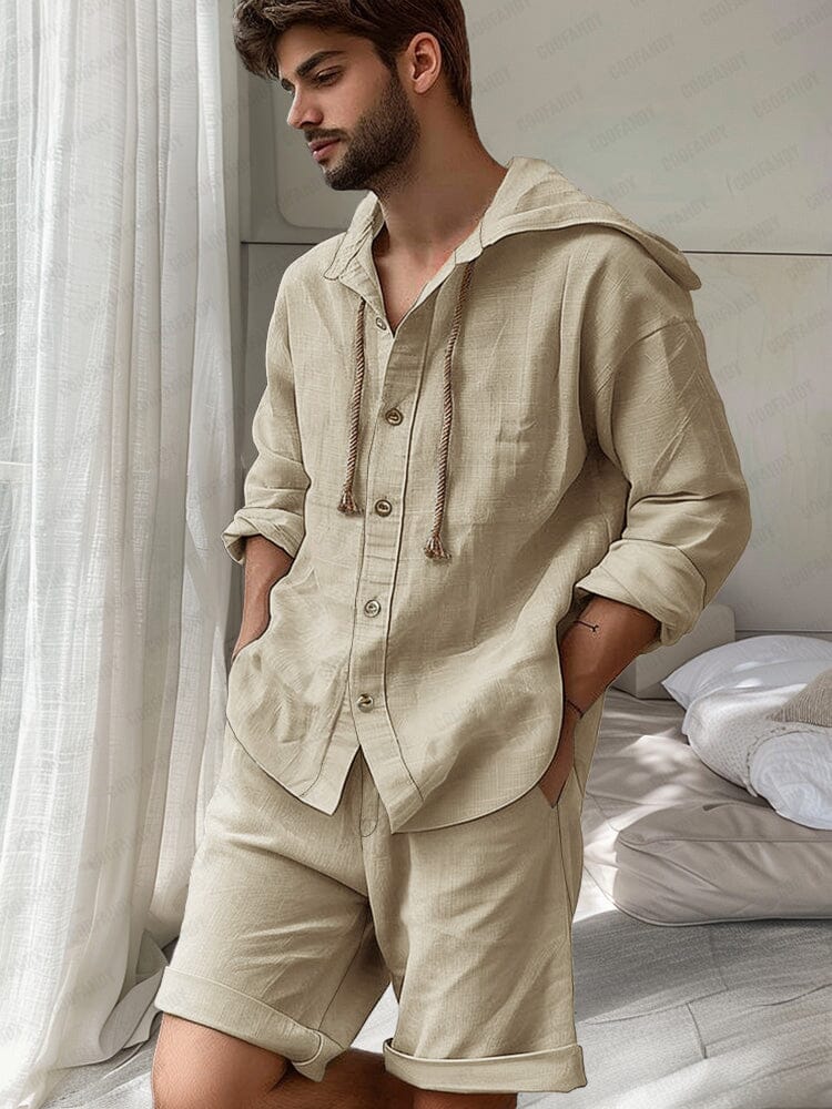 Comfy Cotton Hooded Shirt Set Sets coofandy Khaki M 