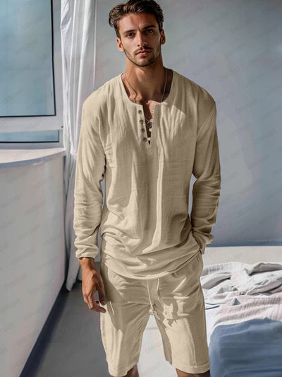 Cotton Henley Shirt Set Sets coofandy Khaki M 