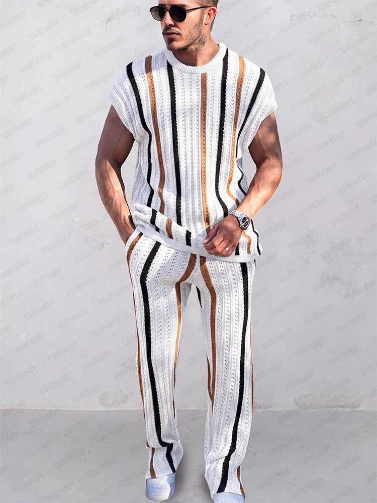 Trendy Stripes Openwork Knit Set – COOFANDY