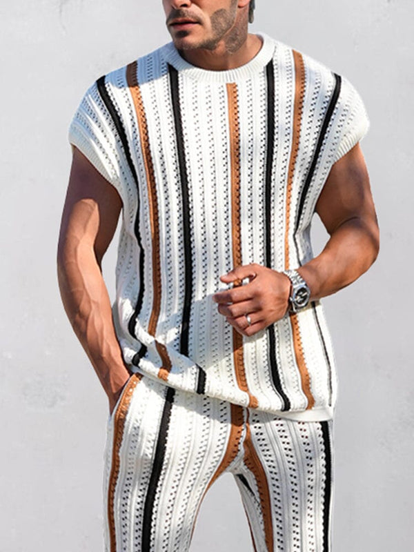 Trendy Stripes Openwork Knit Set Sets coofandy 