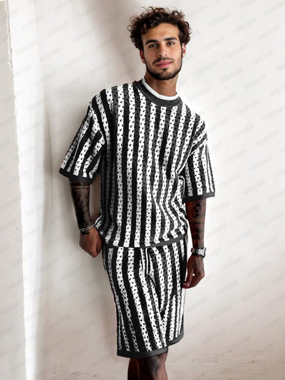 Casual Stripes Openwork Knit Set Sets coofandy Black M 