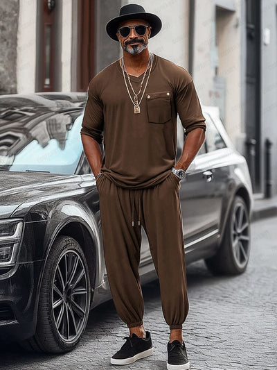 Basic Soft T-shirt Jogger Set Sets coofandy Brown M 