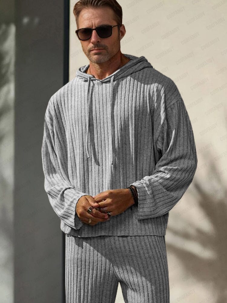 Leisure Pit-stripe Knit Hoodie Set Sets coofandy 