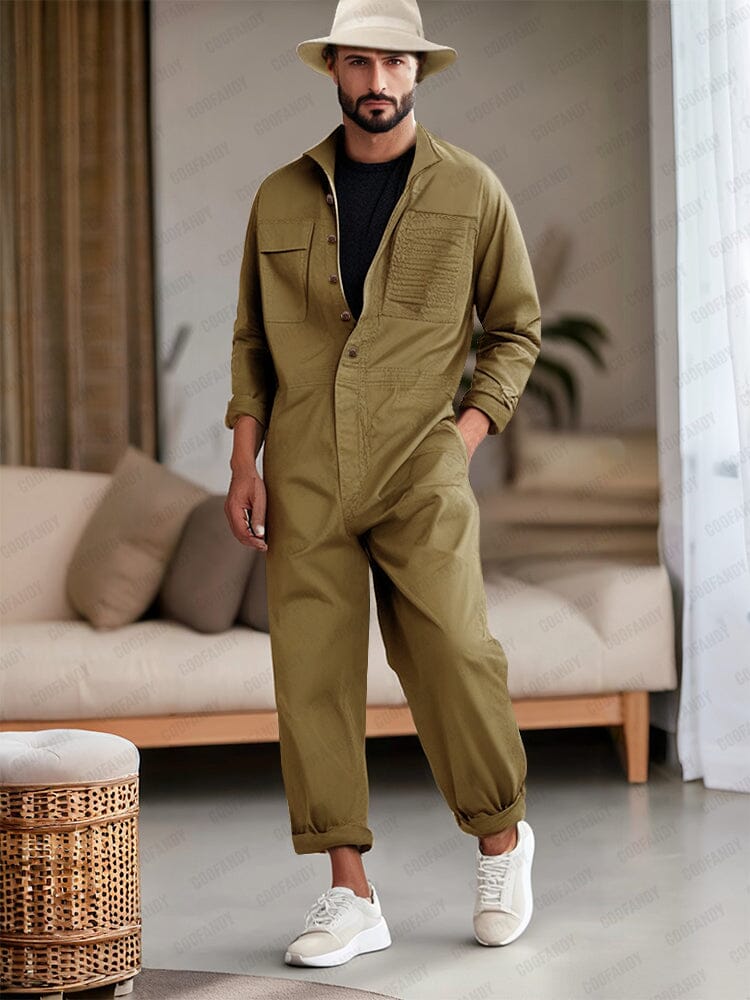 Relaxed Fit 100% Cotton Jumpsuit Jumpsuit coofandy Khaki M 