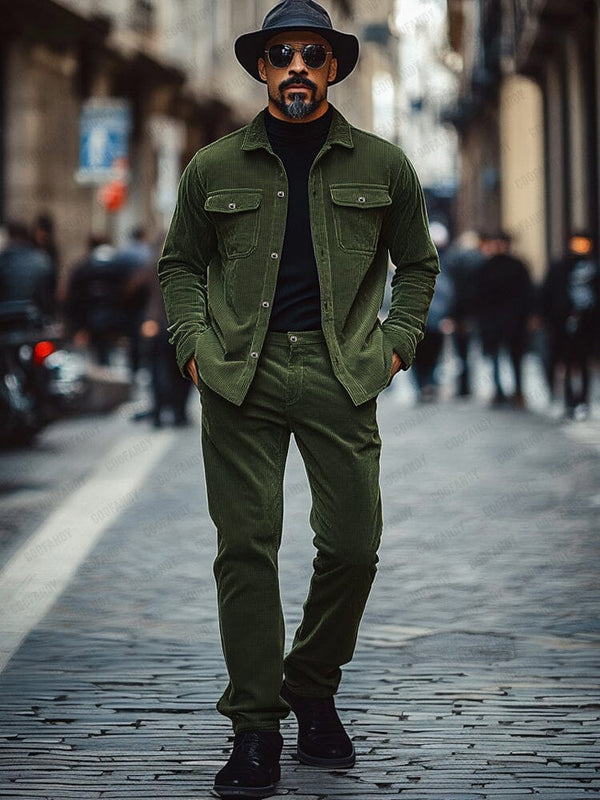Leisure Corduroy Jacket Pants Set Sets coofandy Army Green M 