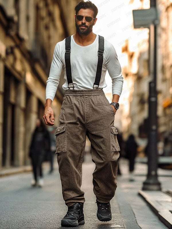 Functional Twill Cotton Suspender Pants Pants coofandy Brown M 