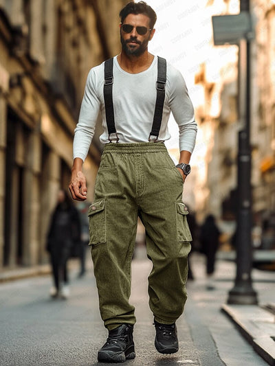 Functional Twill Cotton Suspender Pants Pants coofandy Army Green M 