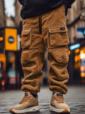 Corduroy Multi Pockets Cargo Pants Pants coofandy Brown M 