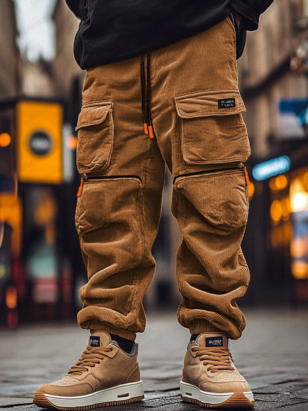 Corduroy Multi Pockets Cargo Pants Pants coofandy Brown M 