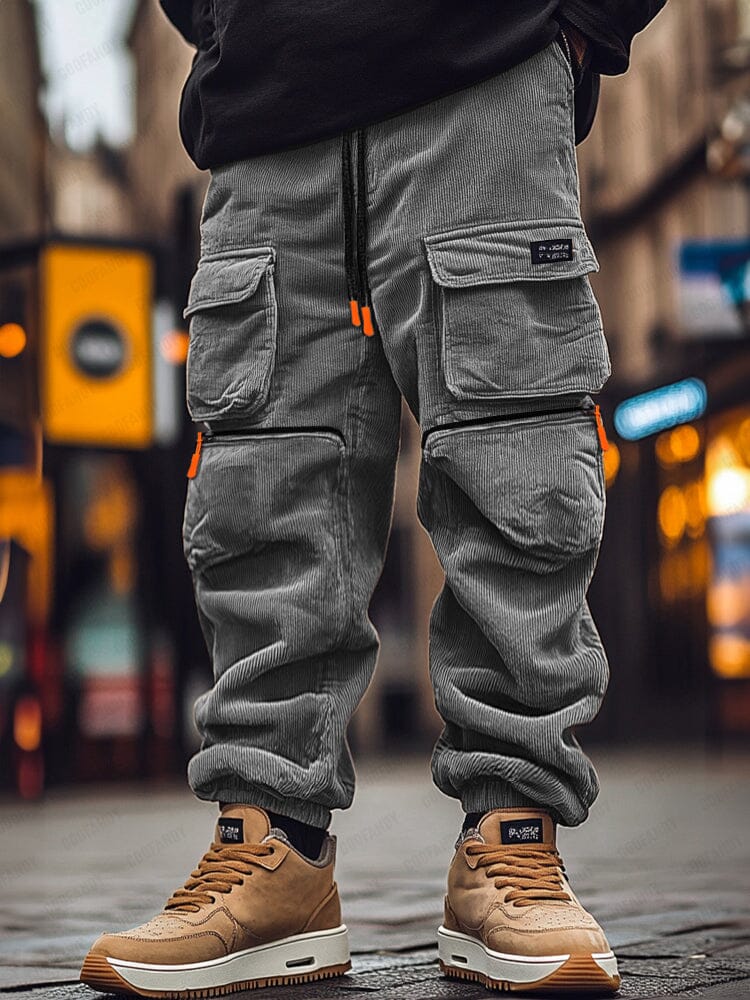 Corduroy Multi Pockets Cargo Pants Pants coofandy Grey M 