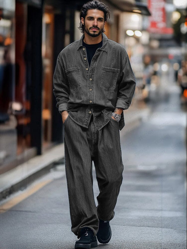 Elegant Denim Shirt Pants Set Sets coofandy Grey M 