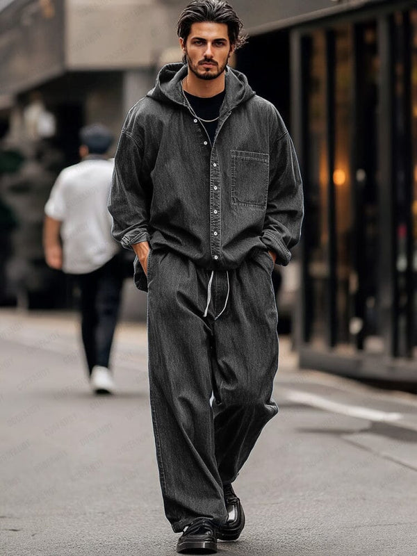 Trendy Streetwear Two-Piece Denim Outfit Sets coofandy Dark Grey M 