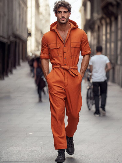 Workwear Inspired Cotton Hooded Jumpsuit Jumpsuit coofandy Orange M 